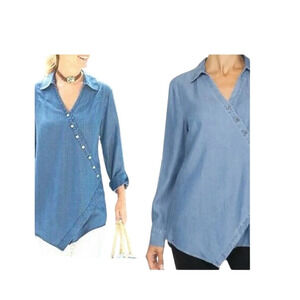 Soft Surroundings Womens M 12 Asymmetrical Washed Tencel Tunic Top Boho Denim
